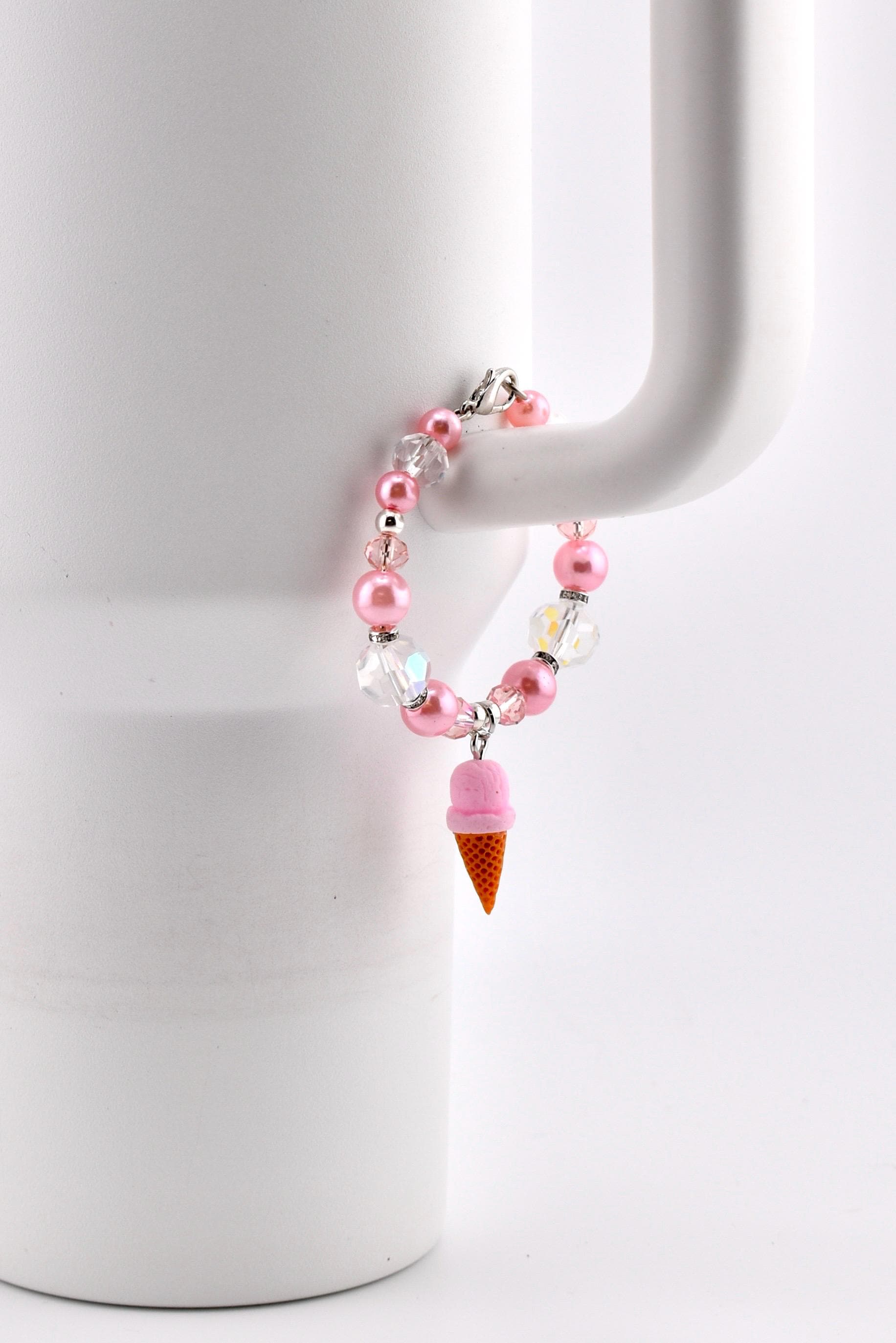 Pink Pearl Ice Cream Cone Tumbler Handle Bracelet: Beaded Summer Jewelry