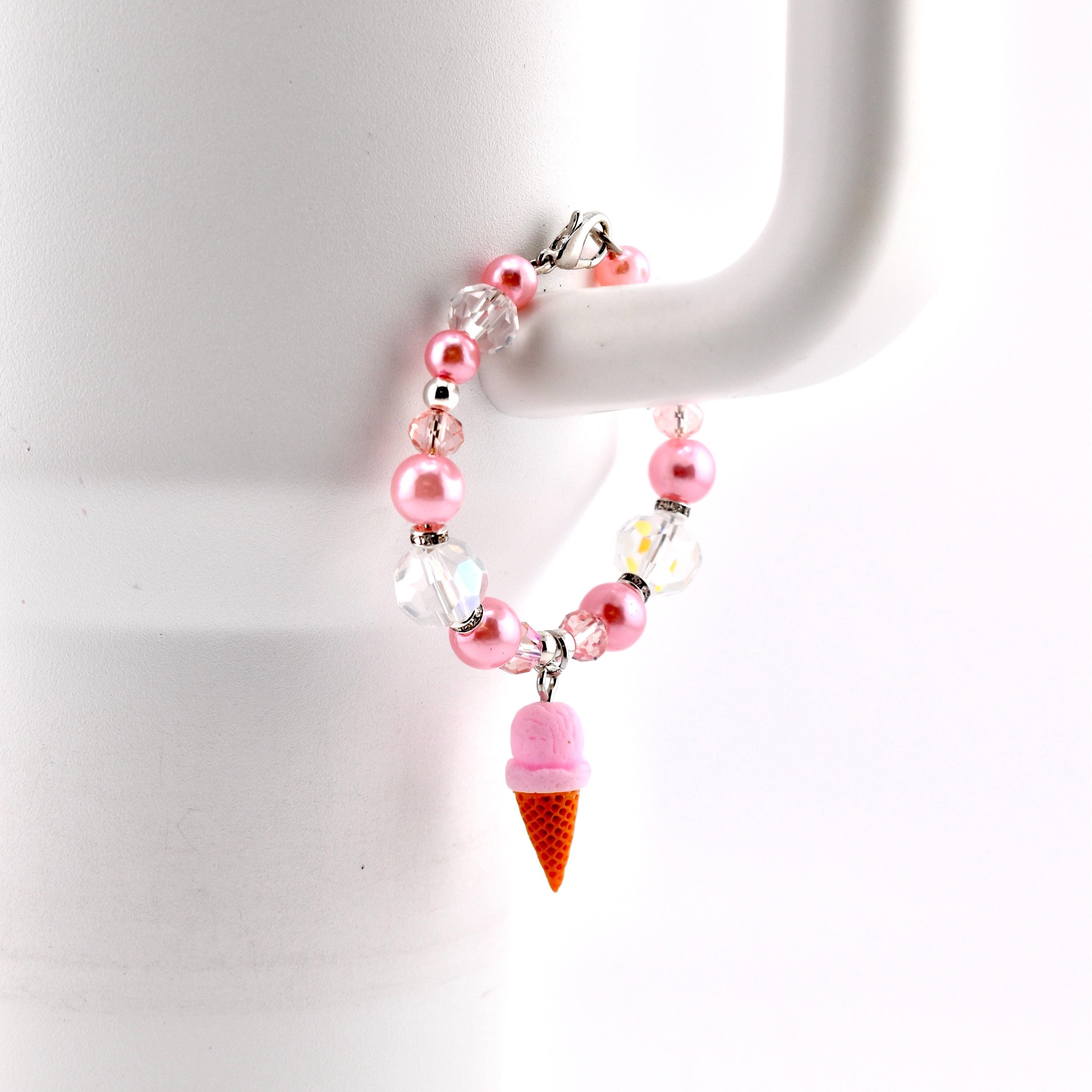 Pink Pearl Ice Cream Cone Tumbler Handle Bracelet: Beaded Summer Jewelry