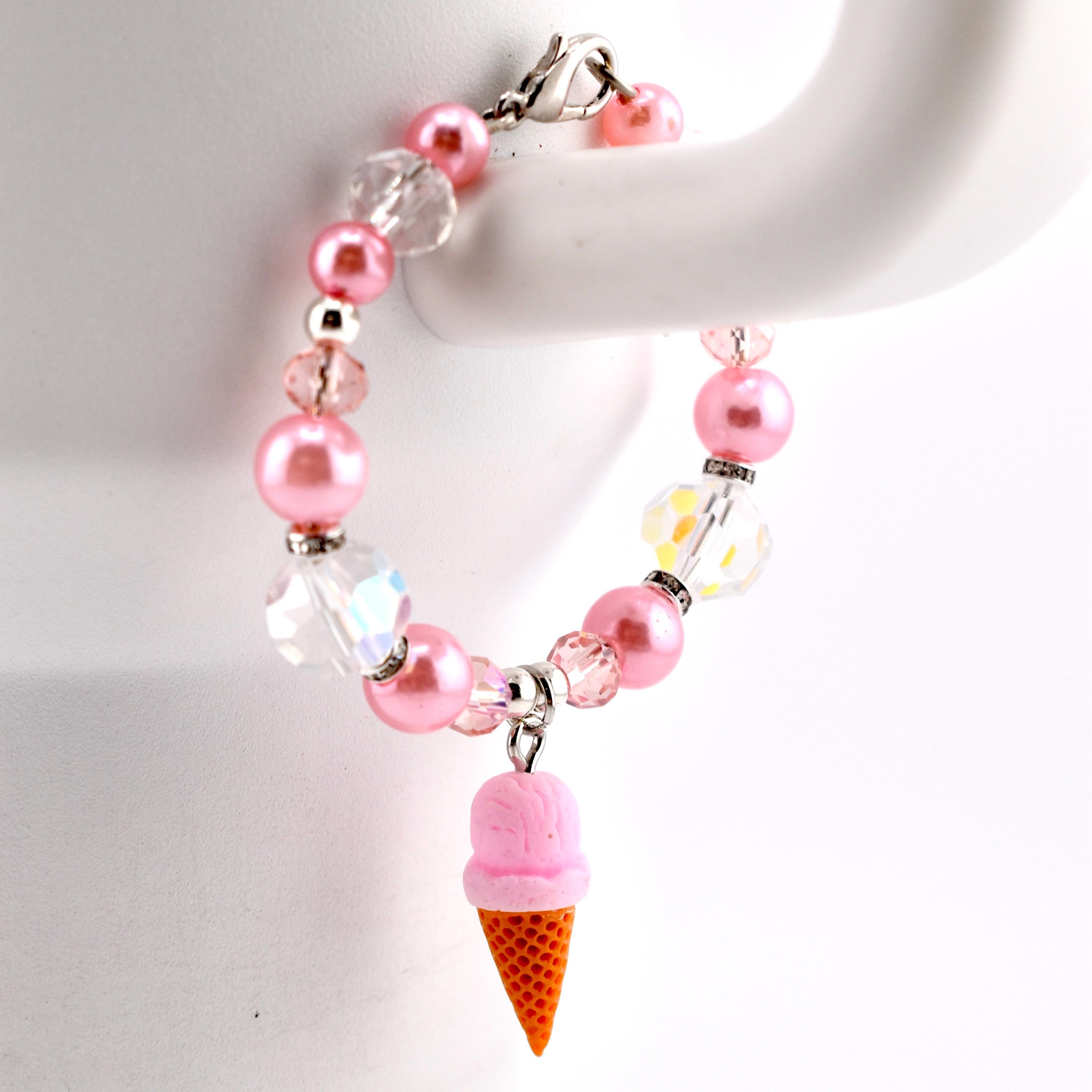 Pink Pearl Ice Cream Cone Tumbler Handle Bracelet: Beaded Summer Jewelry