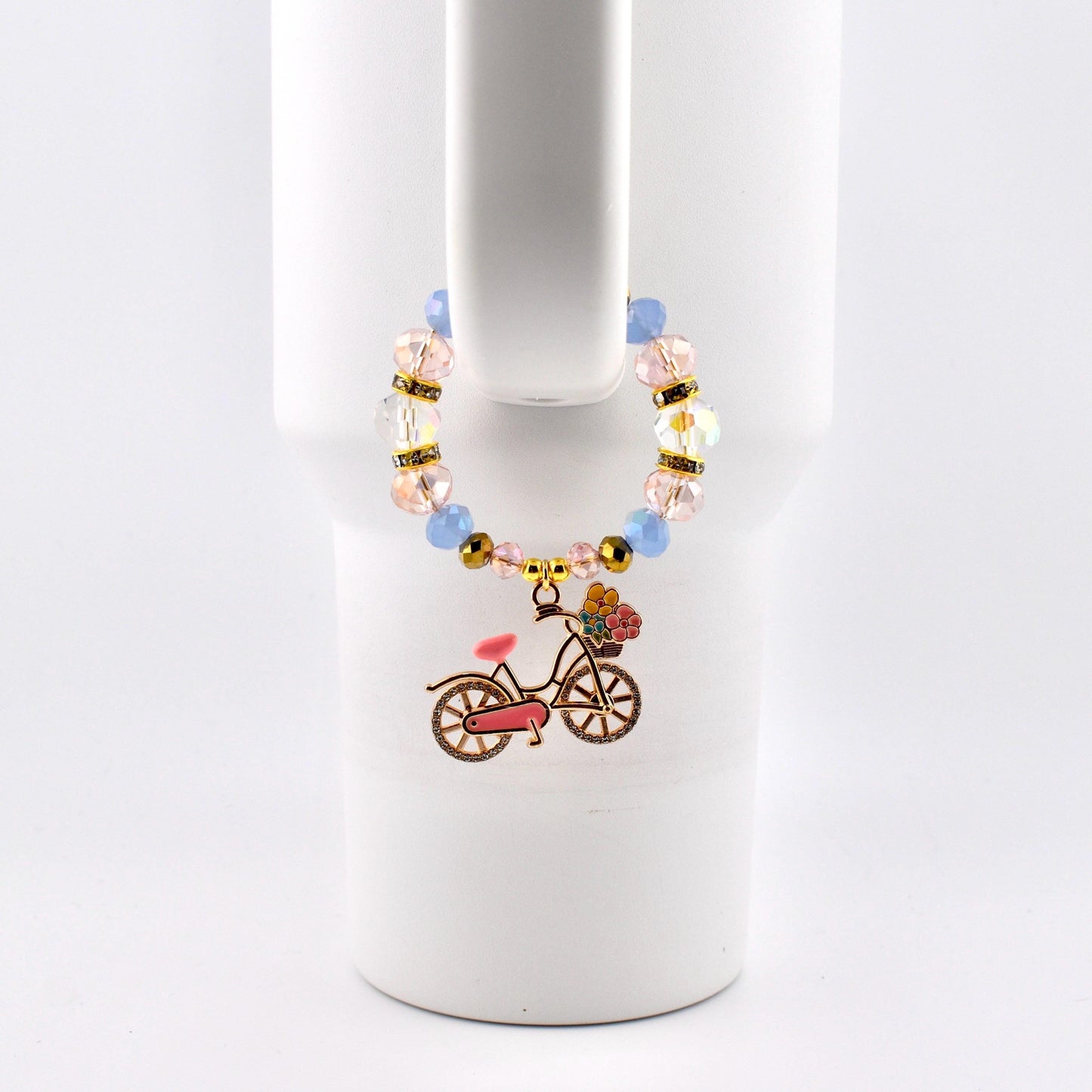 Tumbler Handle Bracelet with Rhinestone Bike Charm