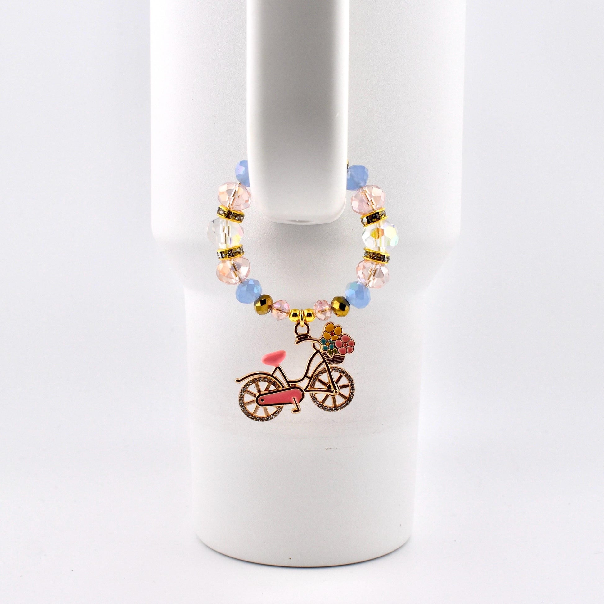 Tumbler Handle Bracelet with Rhinestone Bike Charm