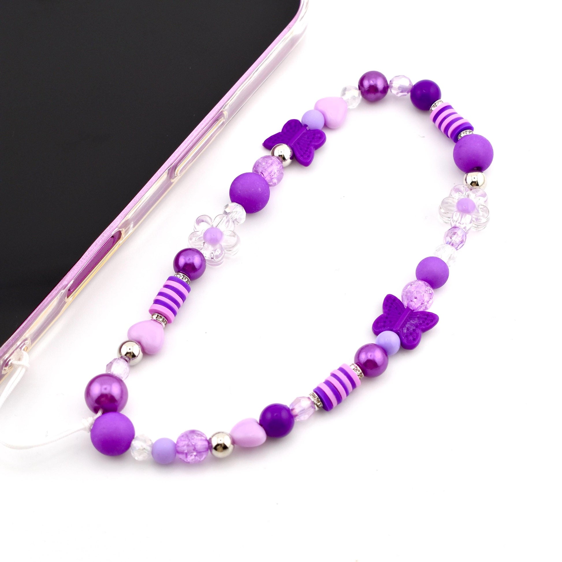 Purple Flower Power Beaded Phone Charm — Wrist Strap for Phone