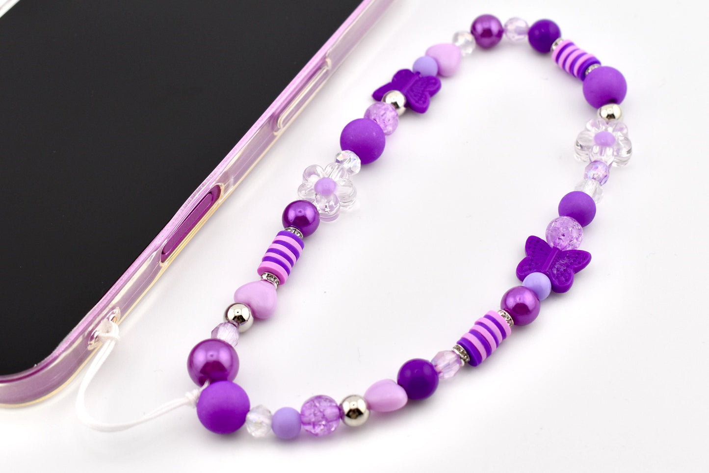 Purple Flower Power Beaded Phone Charm — Wrist Strap for Phone