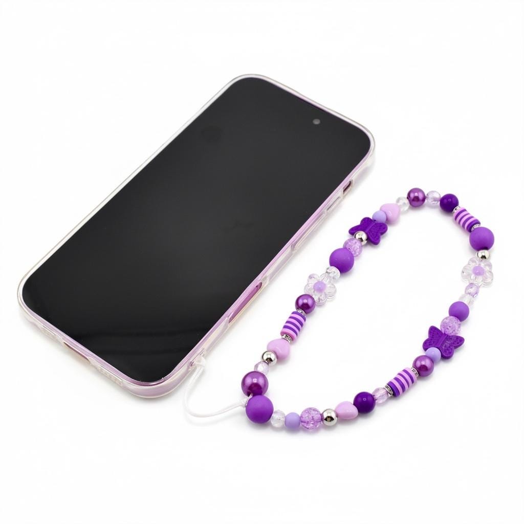 Purple Flower Power Beaded Phone Charm — Wrist Strap for Phone