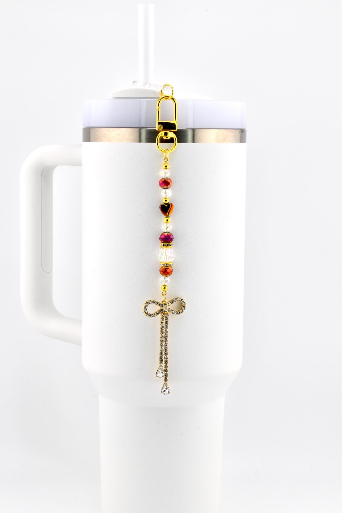 Rhinestone Bow Tumbler Straw Charm with Maroon and Gold Accents