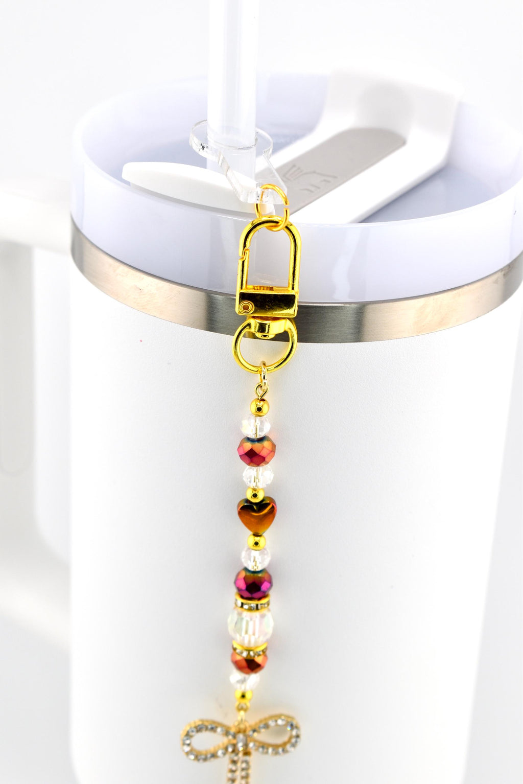 Rhinestone Bow Tumbler Straw Charm with Maroon and Gold Accents