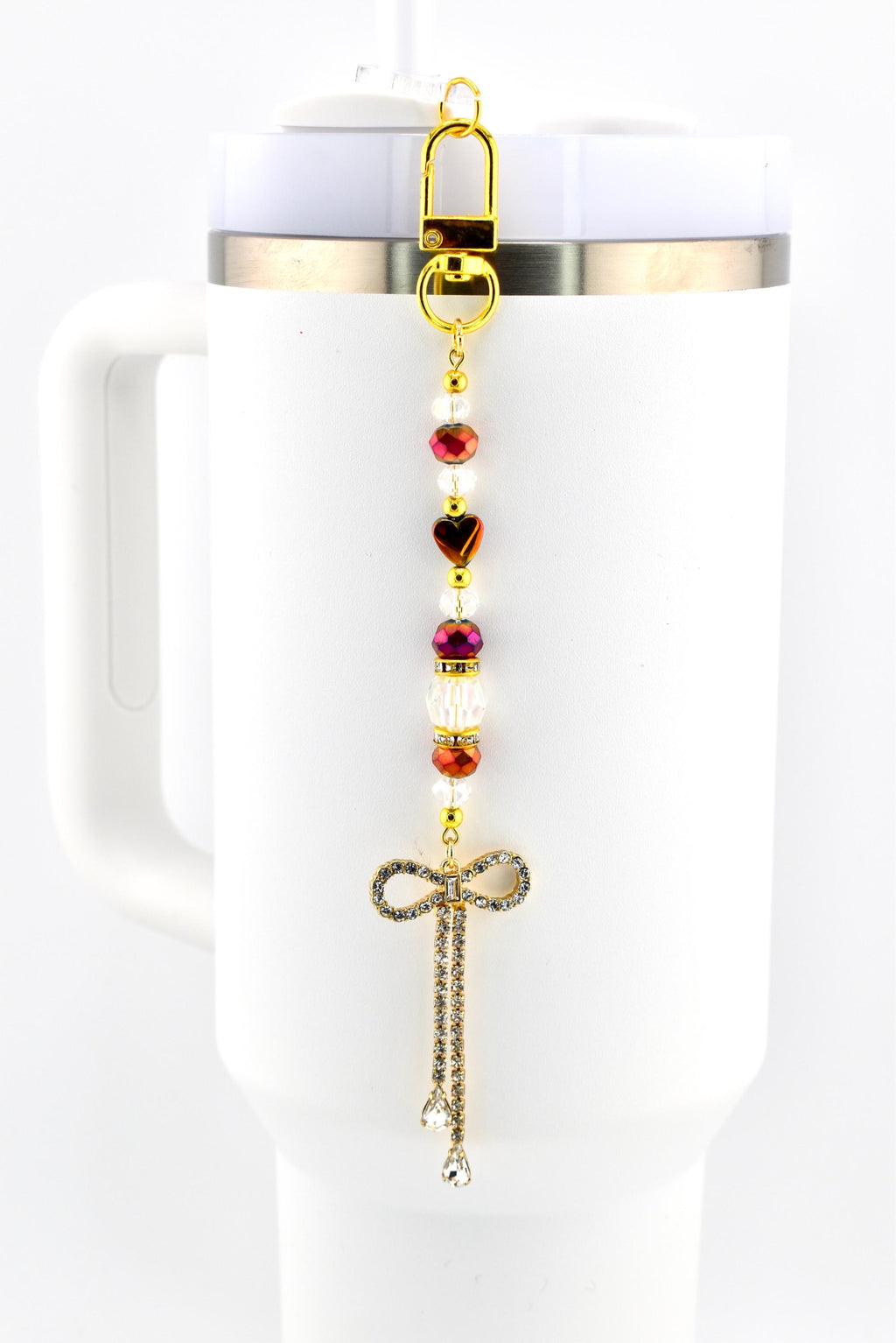 Rhinestone Bow Tumbler Straw Charm with Maroon and Gold Accents