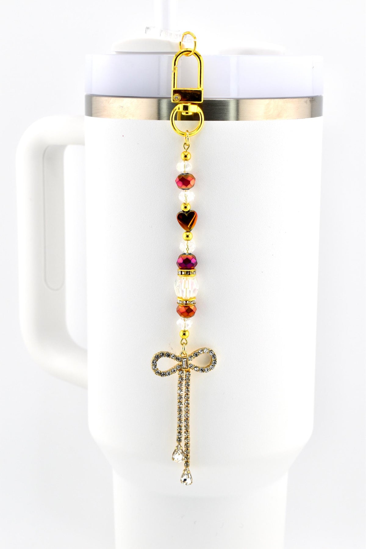 Rhinestone Bow Tumbler Straw Charm with Maroon and Gold Accents