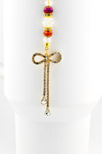 Rhinestone Bow Tumbler Straw Charm with Maroon and Gold Accents