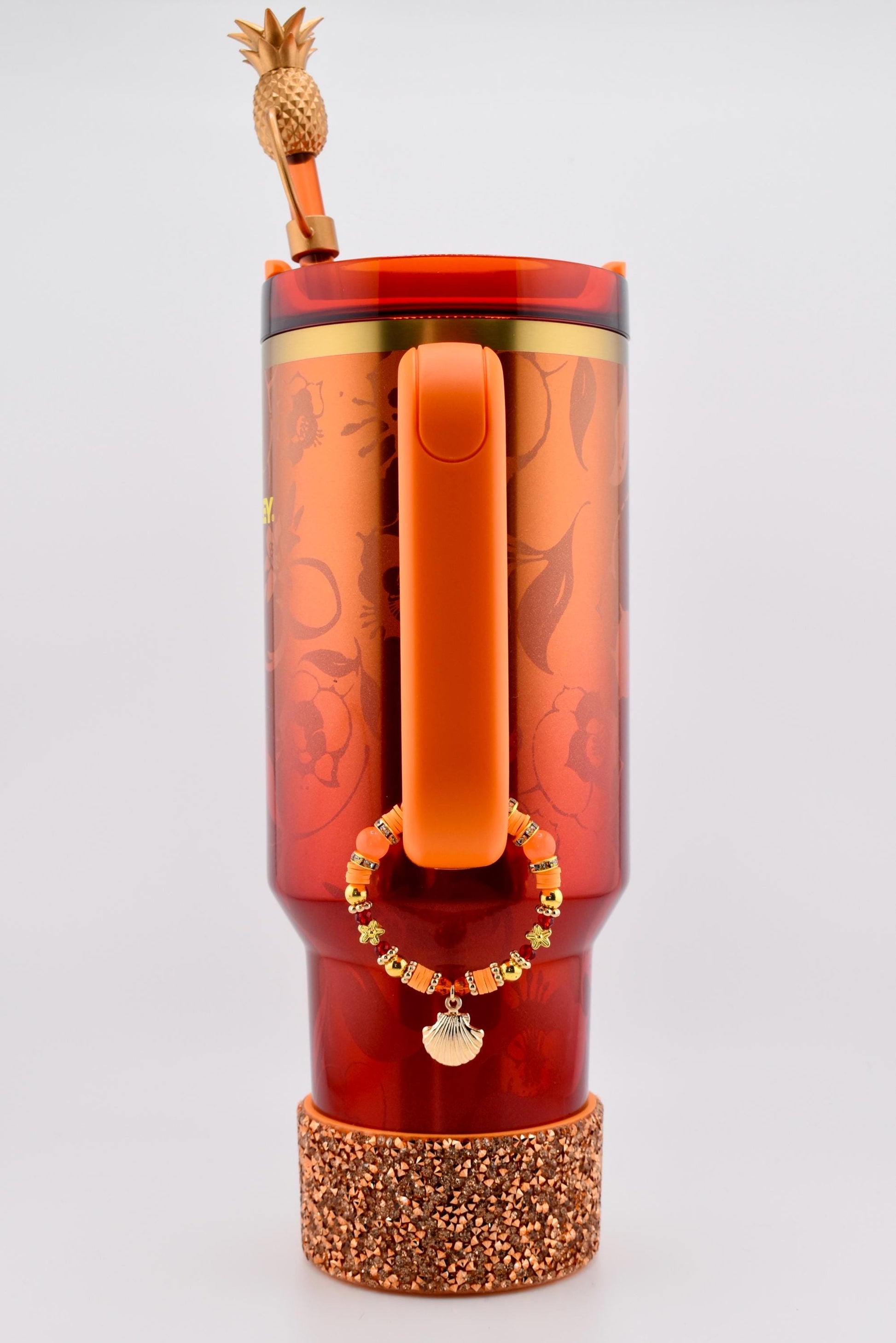 Orange Red and Gold Tumbler Handle Charm Bracelet with Shell Charm