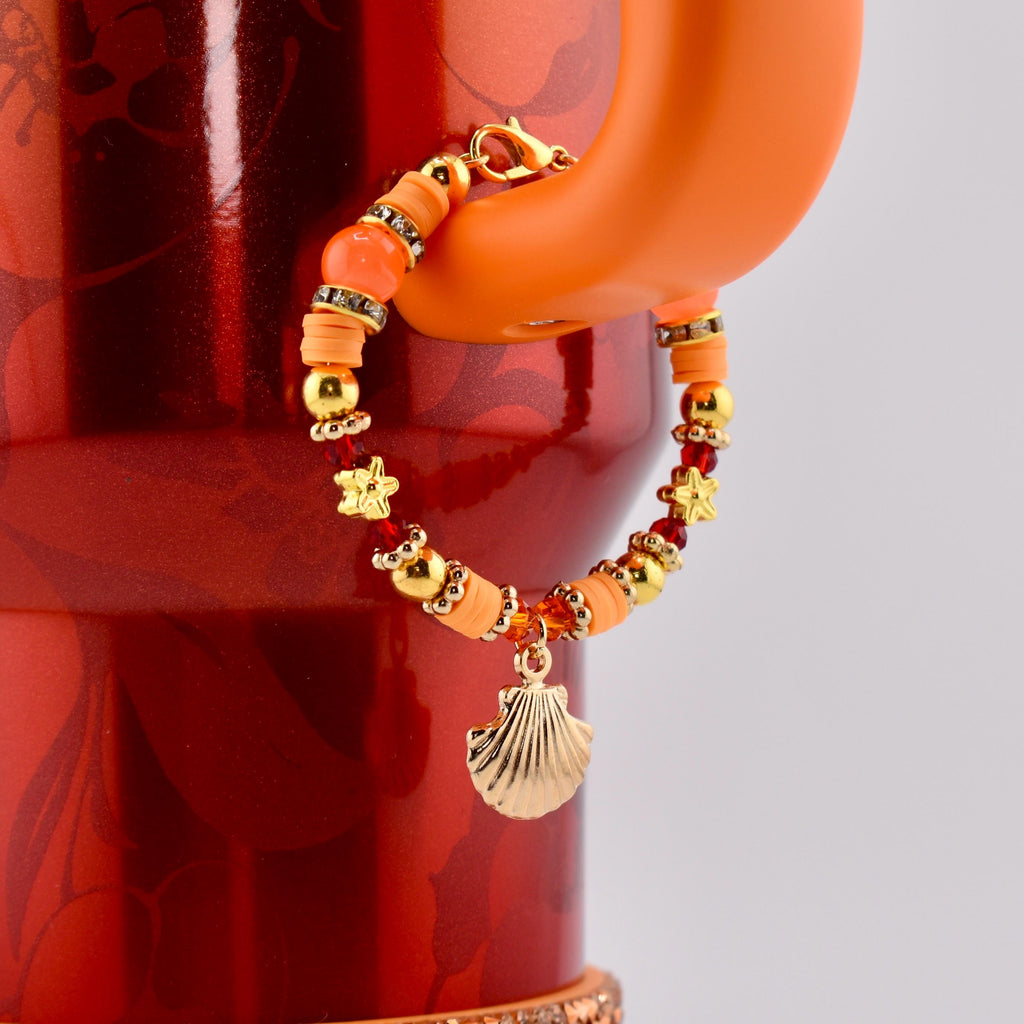Orange Red and Gold Tumbler Handle Charm Bracelet with Shell Charm