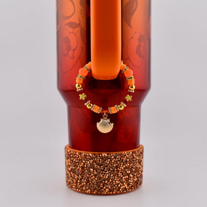Orange Red and Gold Tumbler Handle Charm Bracelet with Shell Charm