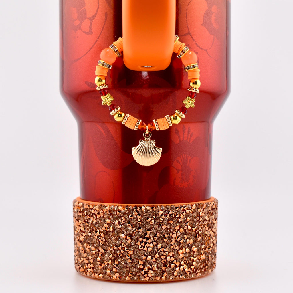 Orange Red and Gold Tumbler Handle Charm Bracelet with Shell Charm