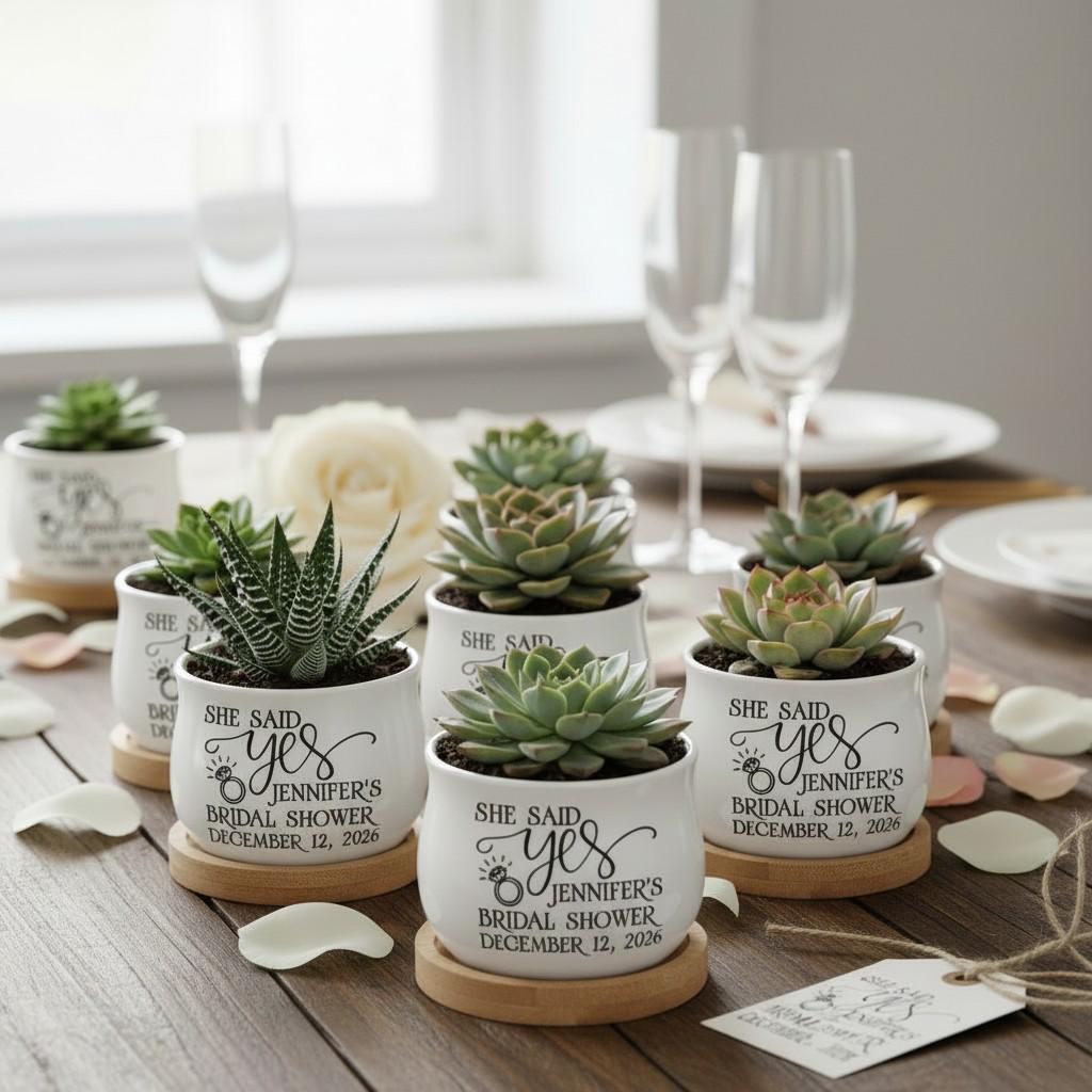 Personalized Mini Succulent Pot | She Said Yes Bridal Shower Favor with Bamboo Tray