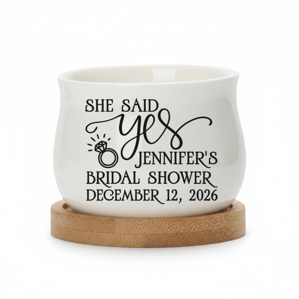 Personalized Mini Succulent Pot | She Said Yes Bridal Shower Favor with Bamboo Tray