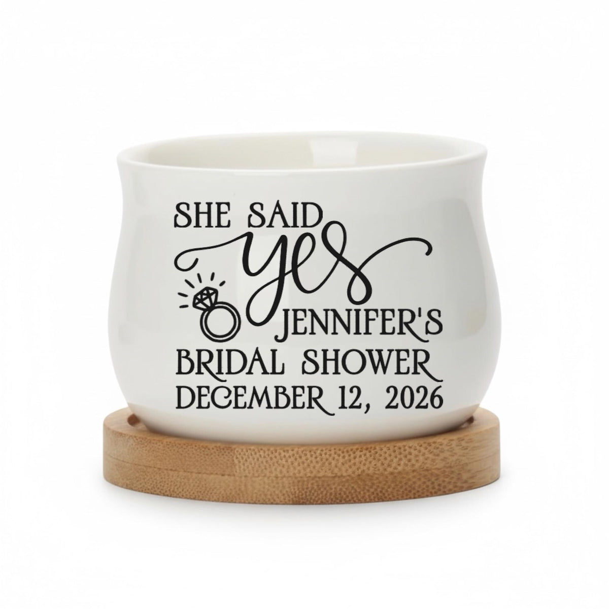Personalized Mini Succulent Pot | She Said Yes Bridal Shower Favor with Bamboo Tray