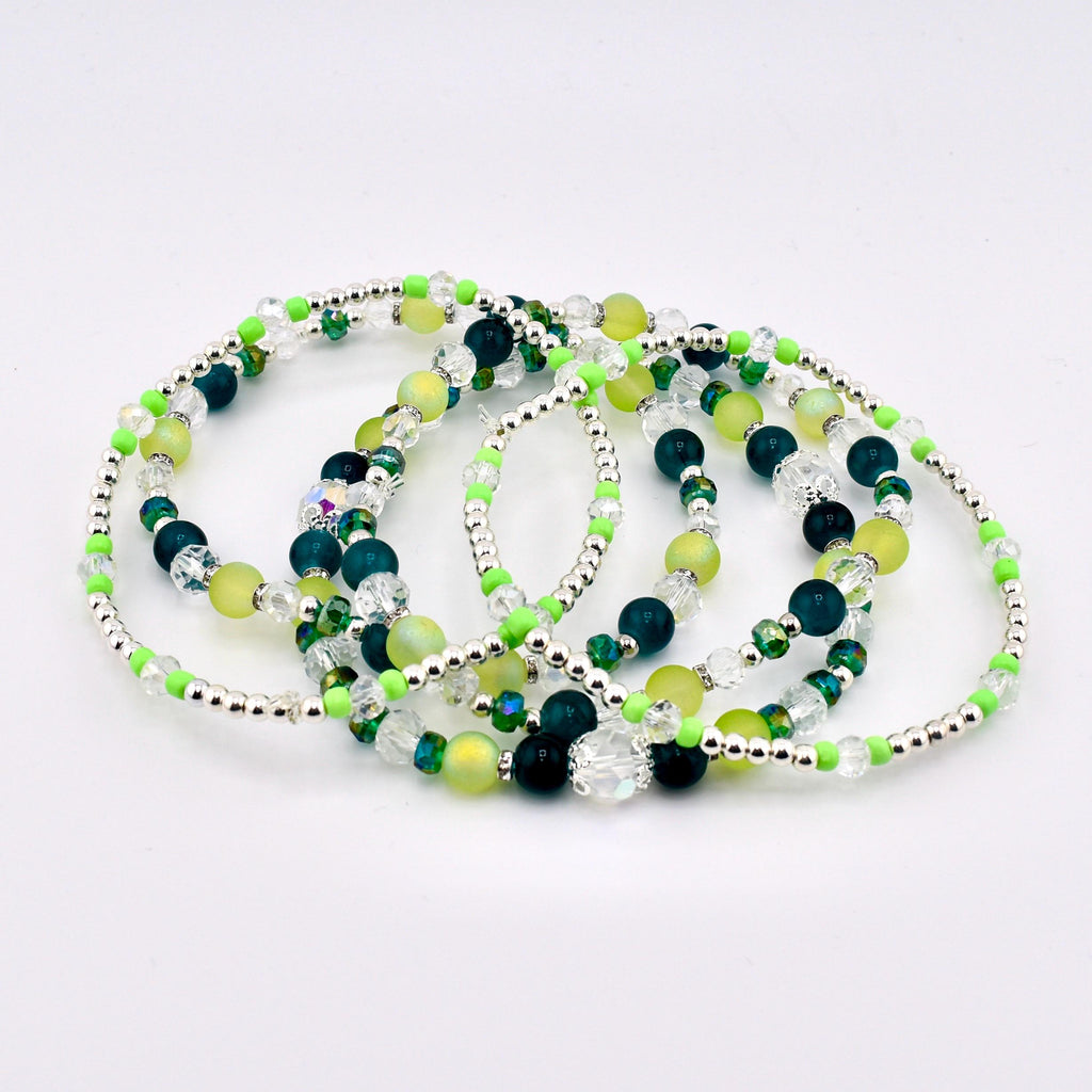 Coastal Teal Bracelet Collection: Dark Blue Green Beaded Bracelets with Silver Accents
