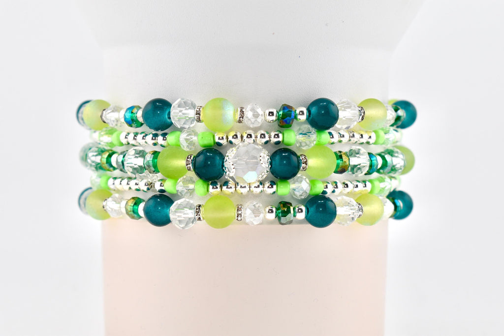 Coastal Teal Bracelet Collection: Dark Blue Green Beaded Bracelets with Silver Accents