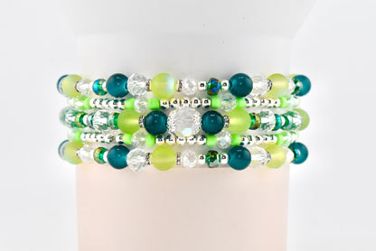 Coastal Teal Bracelet Collection: Dark Blue Green Beaded Bracelets with Silver Accents