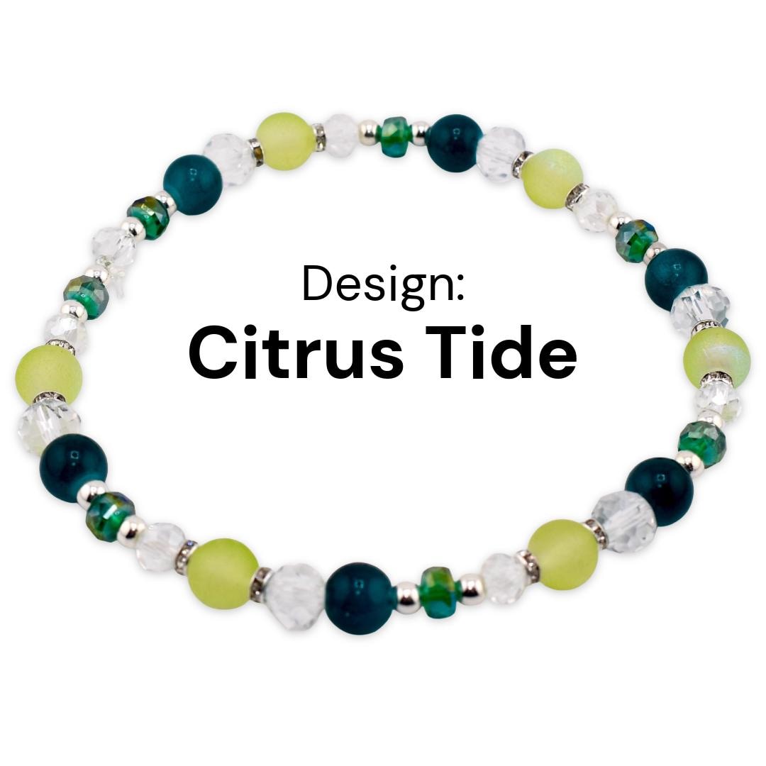 A beaded bracelet with the text "Design: Citrus Tide". The bracelet features a mix of green, yellow, clear, and dark teal beads. The beads are strung together with silver-colored spacers, creating a colorful and stylish accessory.