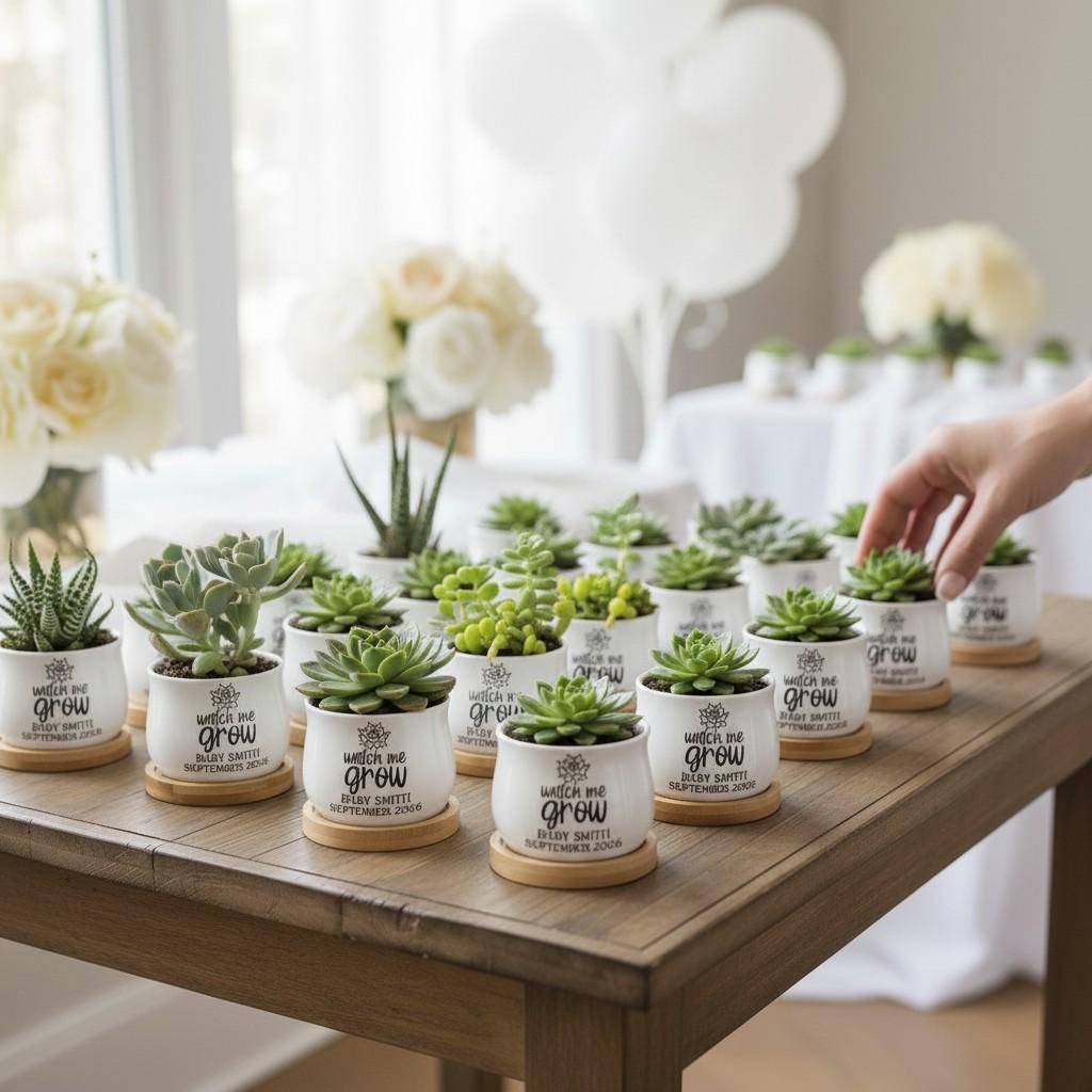 A collection of small potted succulents on a wooden table. Each white ceramic pot has a wooden coaster and features the text "Watch Me Grow" and a name and date in black. The background includes white flowers and balloons.
