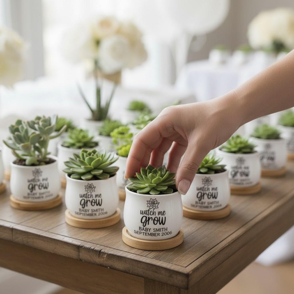 Mini Succulent Planter Personalized Baby Gift Custom Ceramic Pot Watch Me Grow Design Bamboo Tray Included Nursery Decoration Idea Special Keepsake Favor Unique Baby Shower Gift White Glazed Finish Custom Name Printing Birth Date