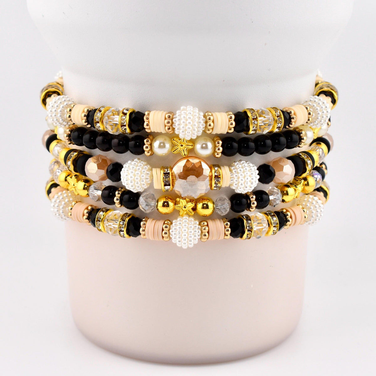 Wild Blooms Bracelet Collection: Black, Cream and Gold Beaded Bracelets