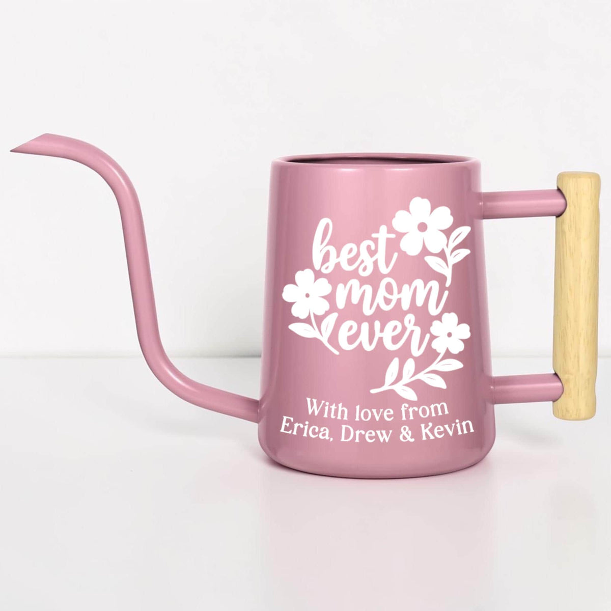 Personalized Watering Can: Best Mom Ever Floral Design and Wood Handle