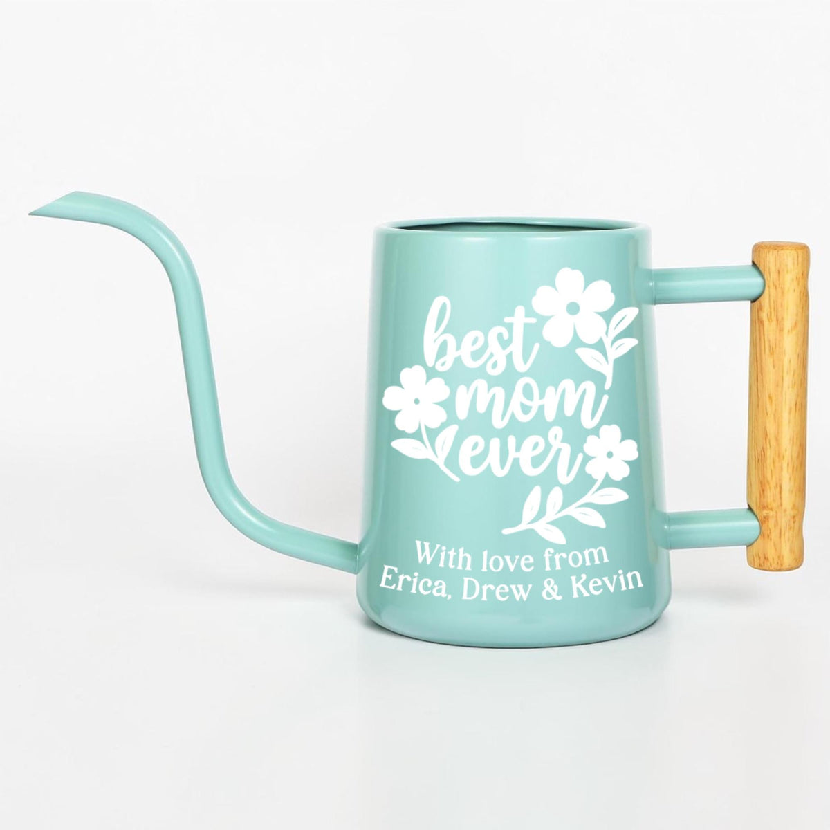 Personalized Watering Can: Best Mom Ever Floral Design and Wood Handle