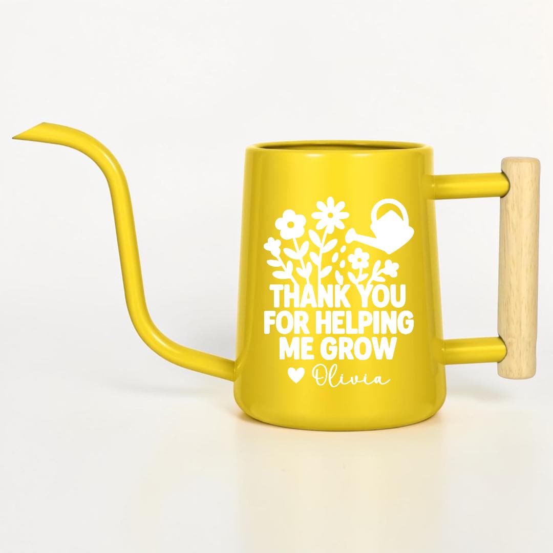 Custom yellow watering can teacher gift with floral design and personalized name — Thank You for Helping Me Grow, unique end of year teacher appreciation present
