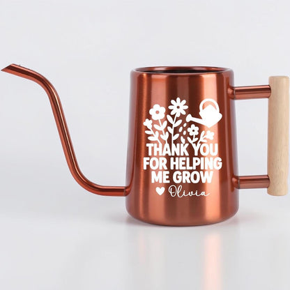 Personalized copper watering can with gooseneck spout and wood handle, white floral botanical print with custom name, thoughtful teacher gift or plant mom gift idea