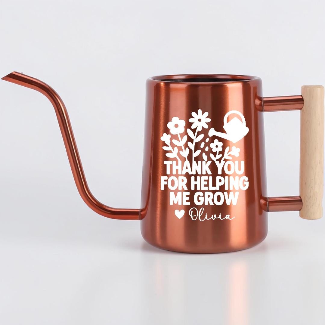 Personalized copper watering can with gooseneck spout and wood handle, white floral botanical print with custom name, thoughtful teacher gift or plant mom gift idea