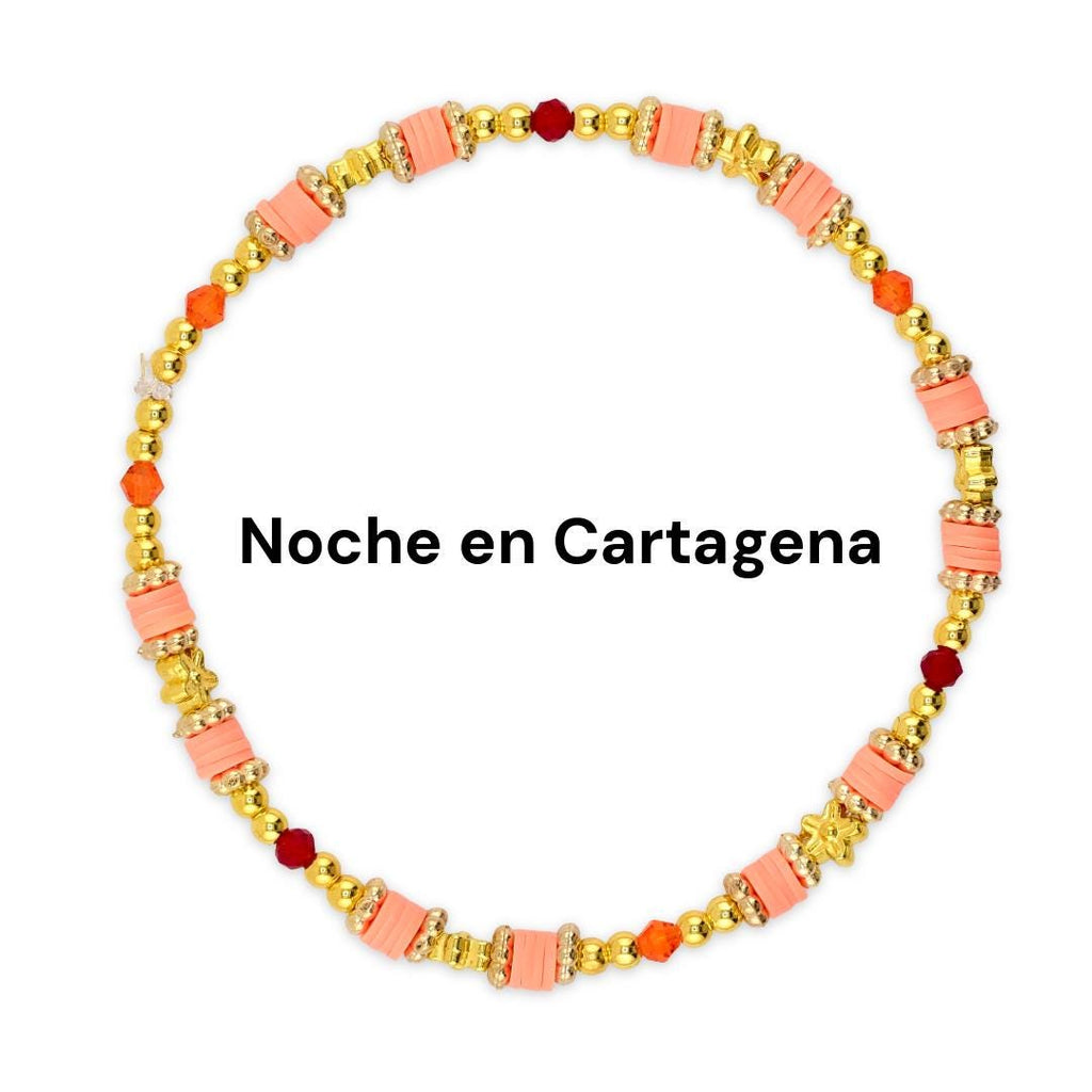 Orange Red and Gold Bracelet Collection with Hibiscus Flowers and Shell Charms