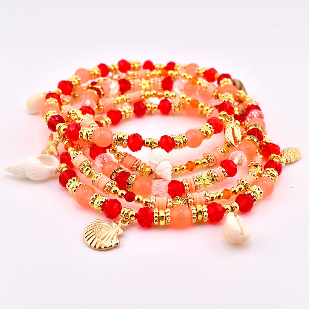 Orange Red and Gold Bracelet Collection with Hibiscus Flowers and Shell Charms