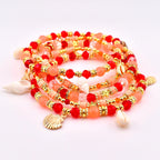 Orange Red and Gold Bracelet Collection with Hibiscus Flowers and Shell Charms
