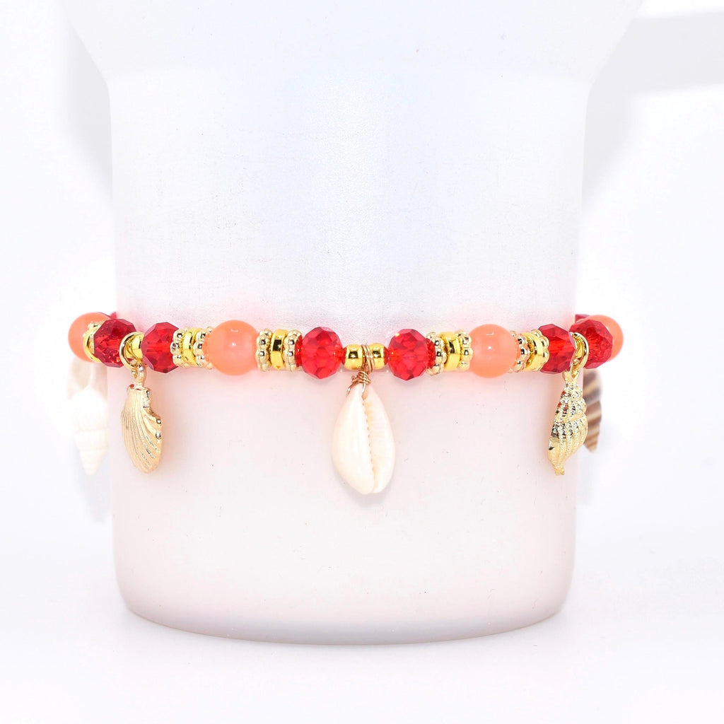 Orange Red and Gold Bracelet Collection with Hibiscus Flowers and Shell Charms
