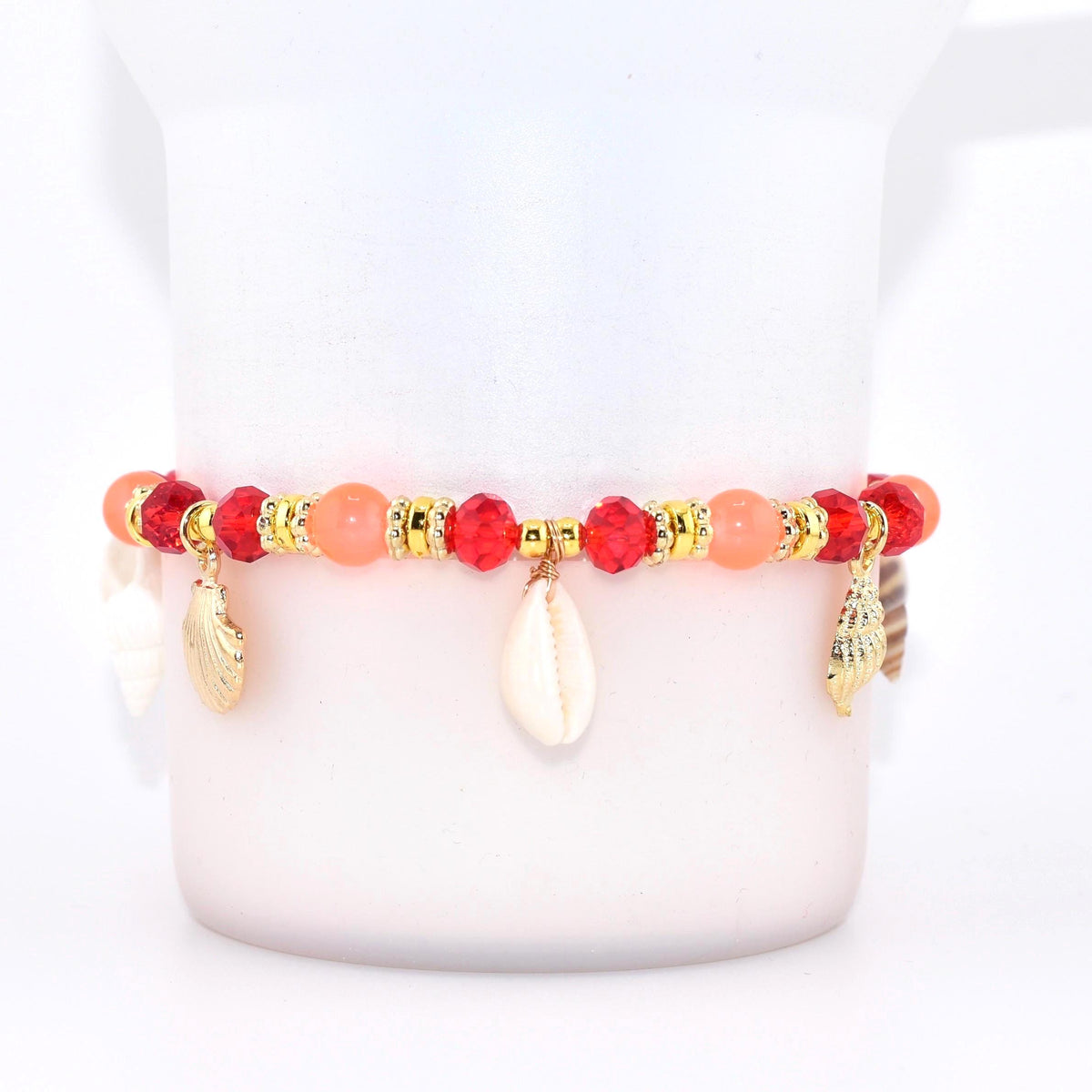 Orange Red and Gold Bracelet Collection with Hibiscus Flowers and Shell Charms