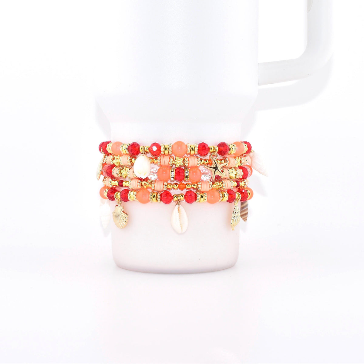 Orange Red and Gold Bracelet Collection with Hibiscus Flowers and Shell Charms