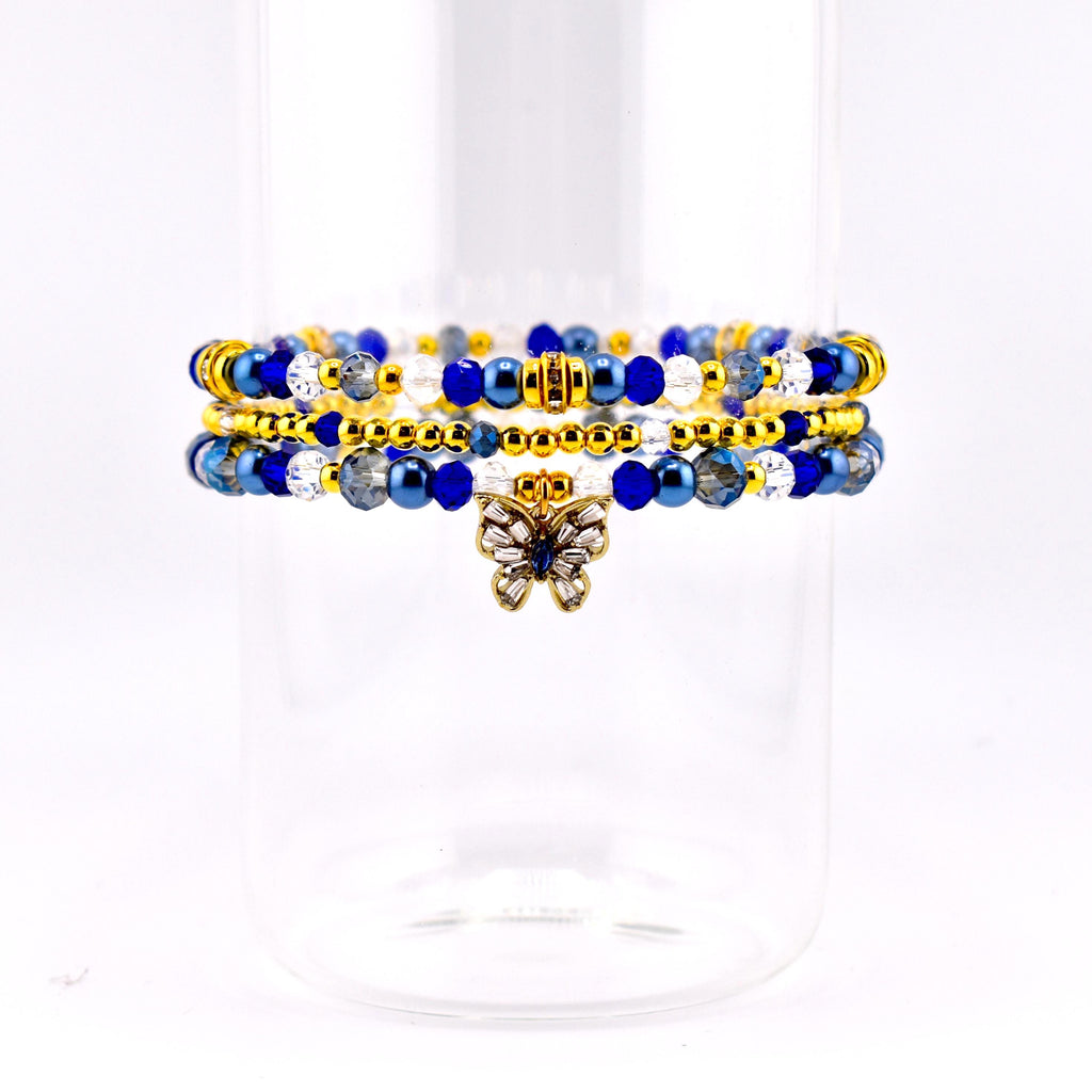 Blue and Gold Butterfly Charm Bracelet Stack - Set of 3 Beaded Bracelets