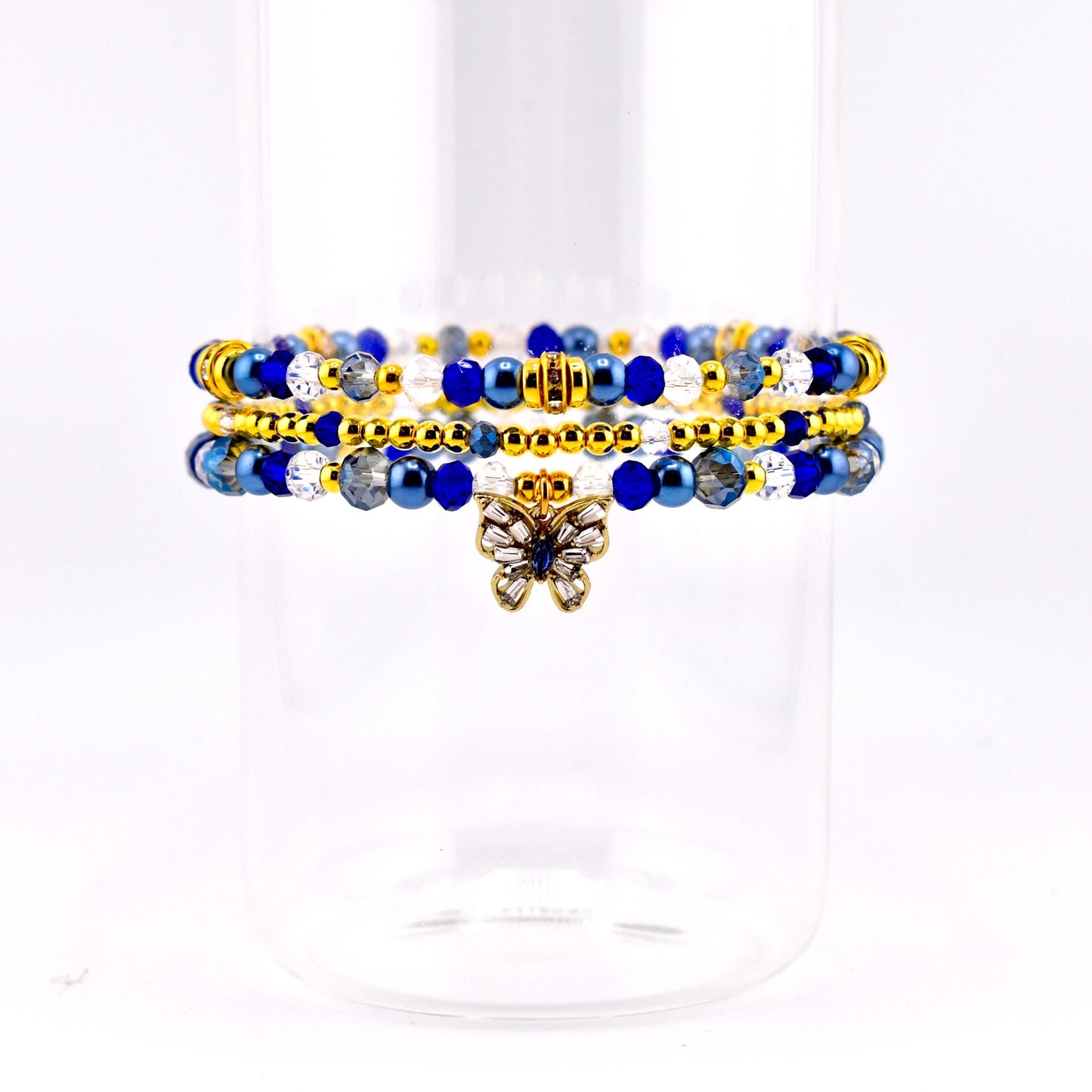 Blue and Gold Butterfly Charm Bracelet Stack - Set of 3 Beaded Bracelets