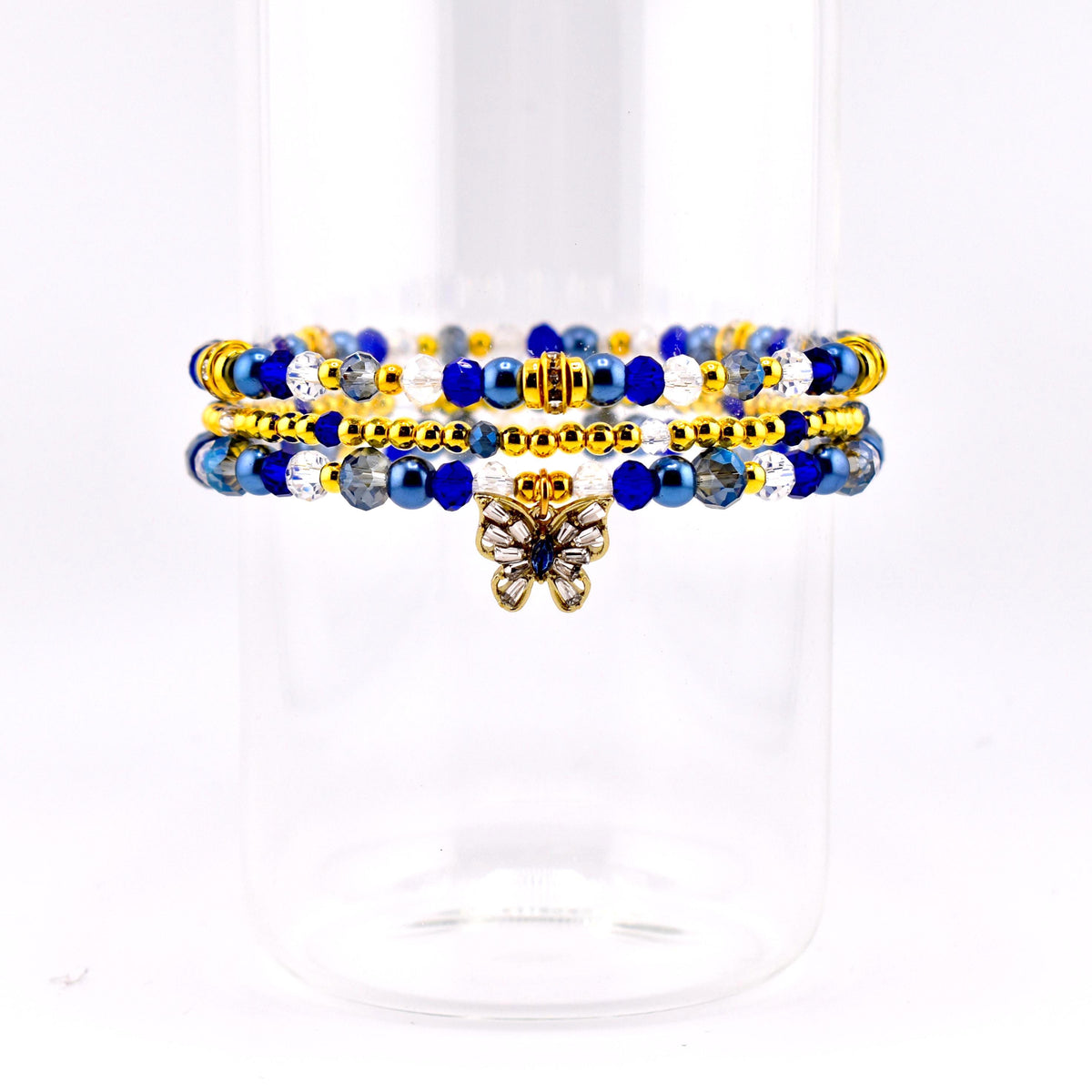 Blue and Gold Butterfly Charm Bracelet Stack - Set of 3 Beaded Bracelets