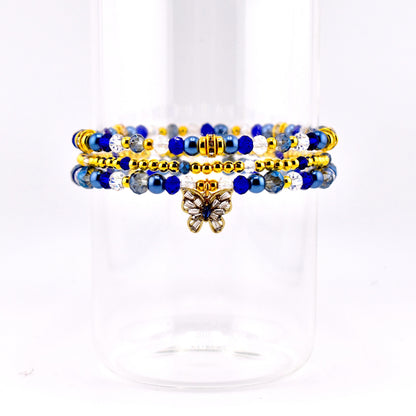 Blue and Gold Butterfly Charm Bracelet Stack - Set of 3 Beaded Bracelets