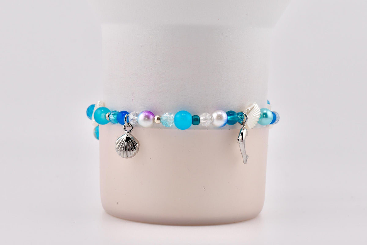 Coastal Charm Bracelet Collection: Teal Blue and Silver Beaded Bracelets with Beach Charms