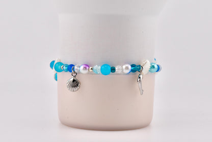 Coastal Charm Bracelet Collection: Teal Blue and Silver Beaded Bracelets with Beach Charms