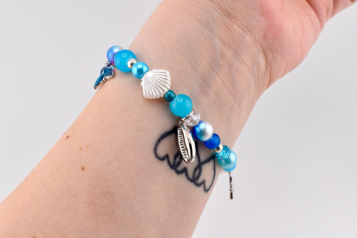 Coastal Charm Bracelet Collection: Teal Blue and Silver Beaded Bracelets with Beach Charms
