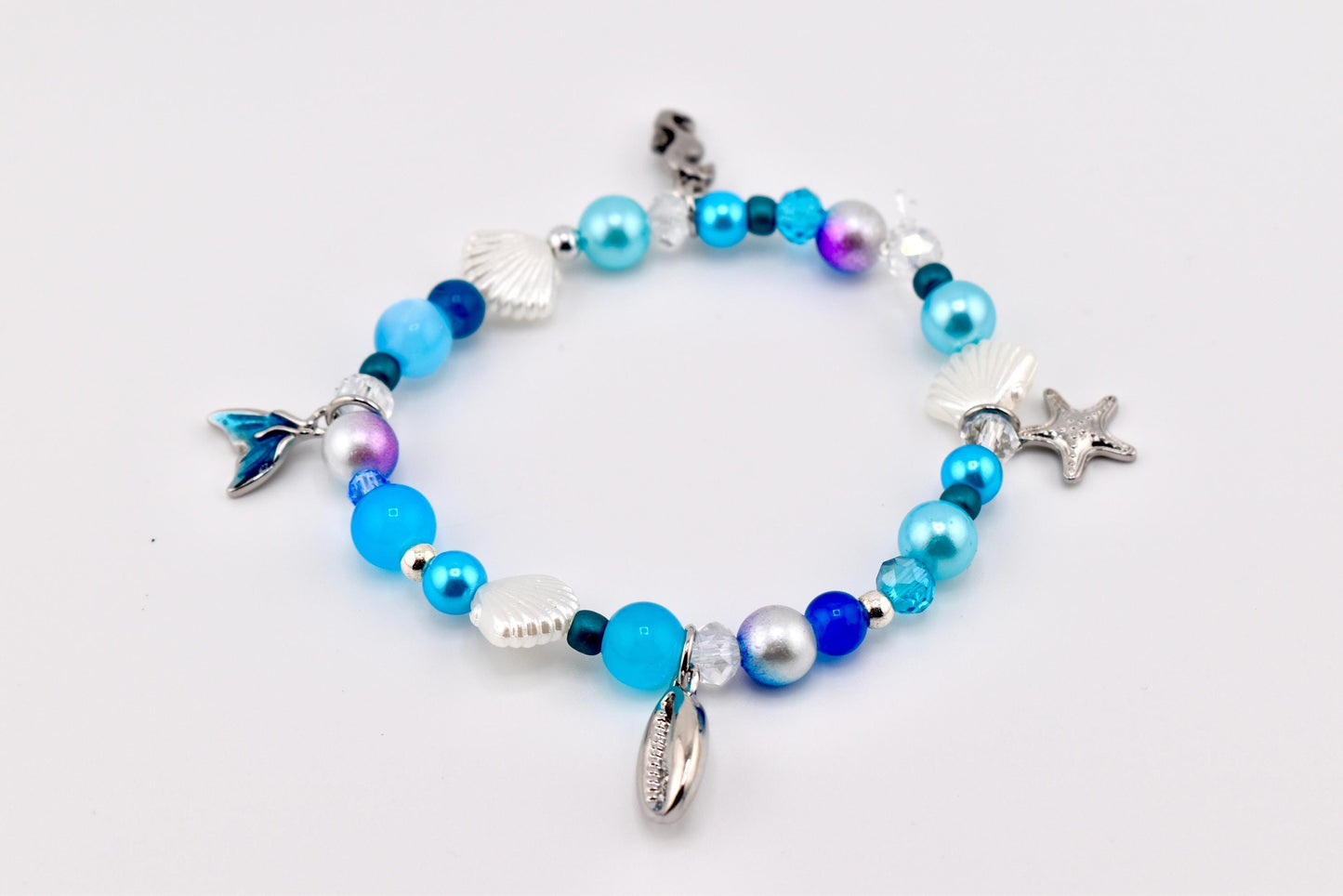 Coastal Charm Bracelet Collection: Teal Blue and Silver Beaded Bracelets with Beach Charms