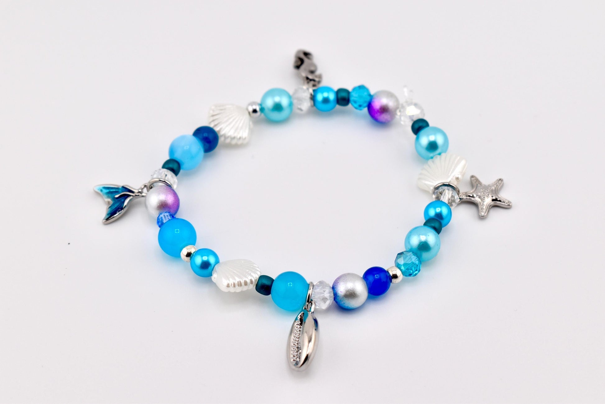 Coastal Charm Bracelet Collection: Teal Blue and Silver Beaded Bracelets with Beach Charms