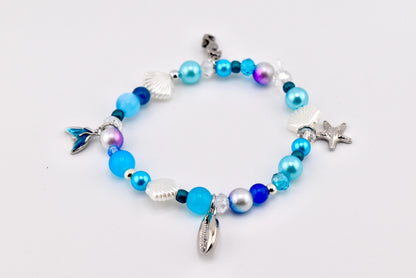 Coastal Charm Bracelet Collection: Teal Blue and Silver Beaded Bracelets with Beach Charms