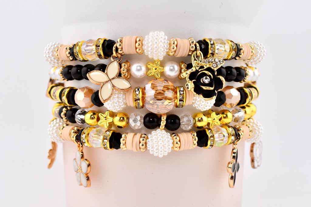 Wild Blooms Flower Charm Bracelet Collection: Black, Cream and Gold Beaded Bracelets