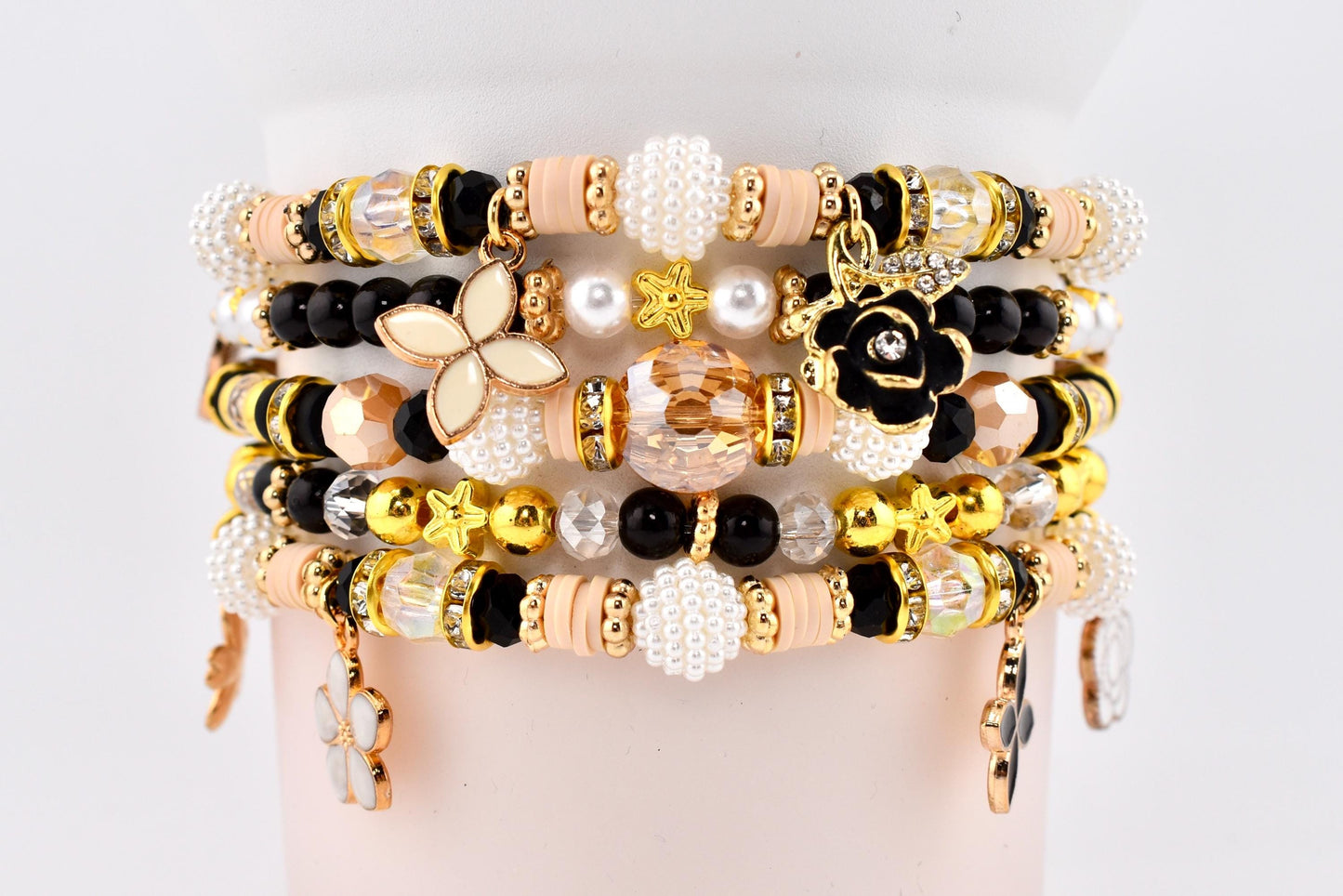 Wild Blooms Flower Charm Bracelet Collection: Black, Cream and Gold Beaded Bracelets